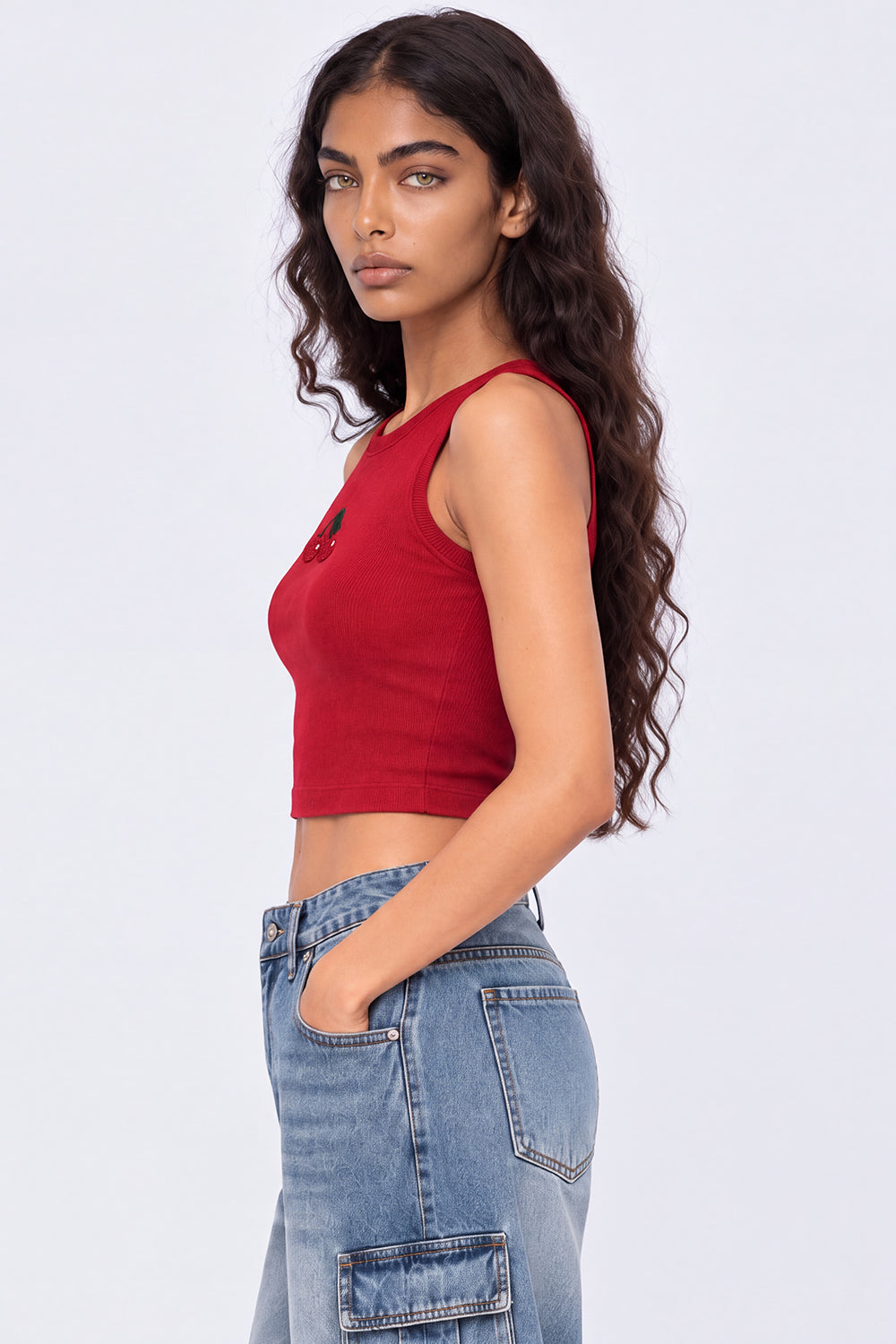 Womens Maroon Cherry Embroidered Tank Top - Image 4