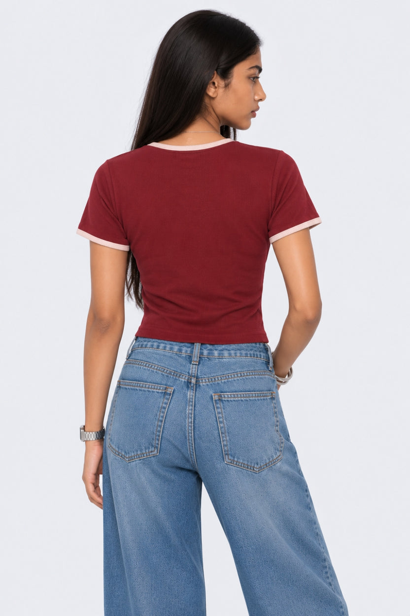 Womens Maroon Cotton Blend Graphic Print T Shirt - Image 5