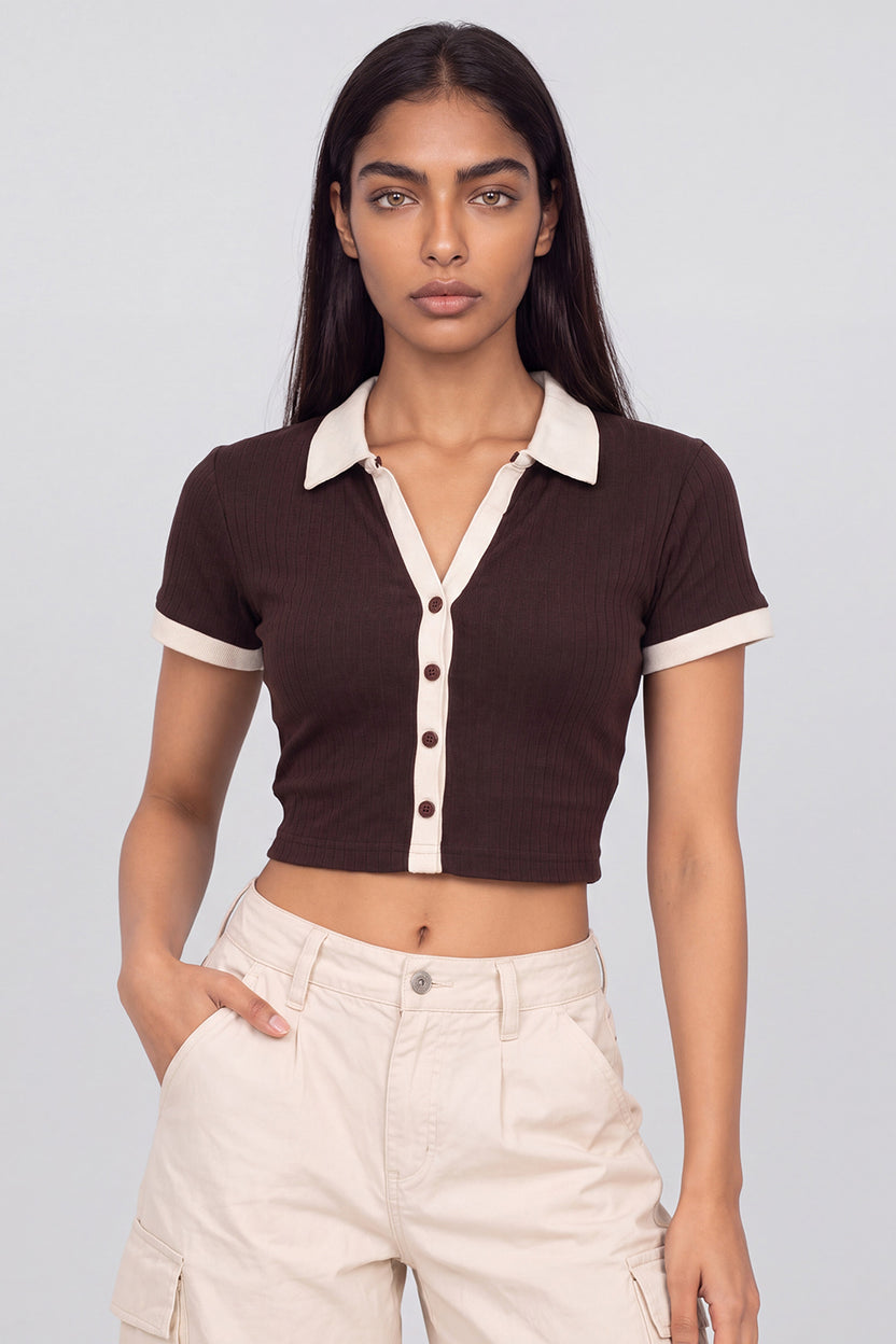 Womens Brown Ribbed Collared Crop Top - Image 2