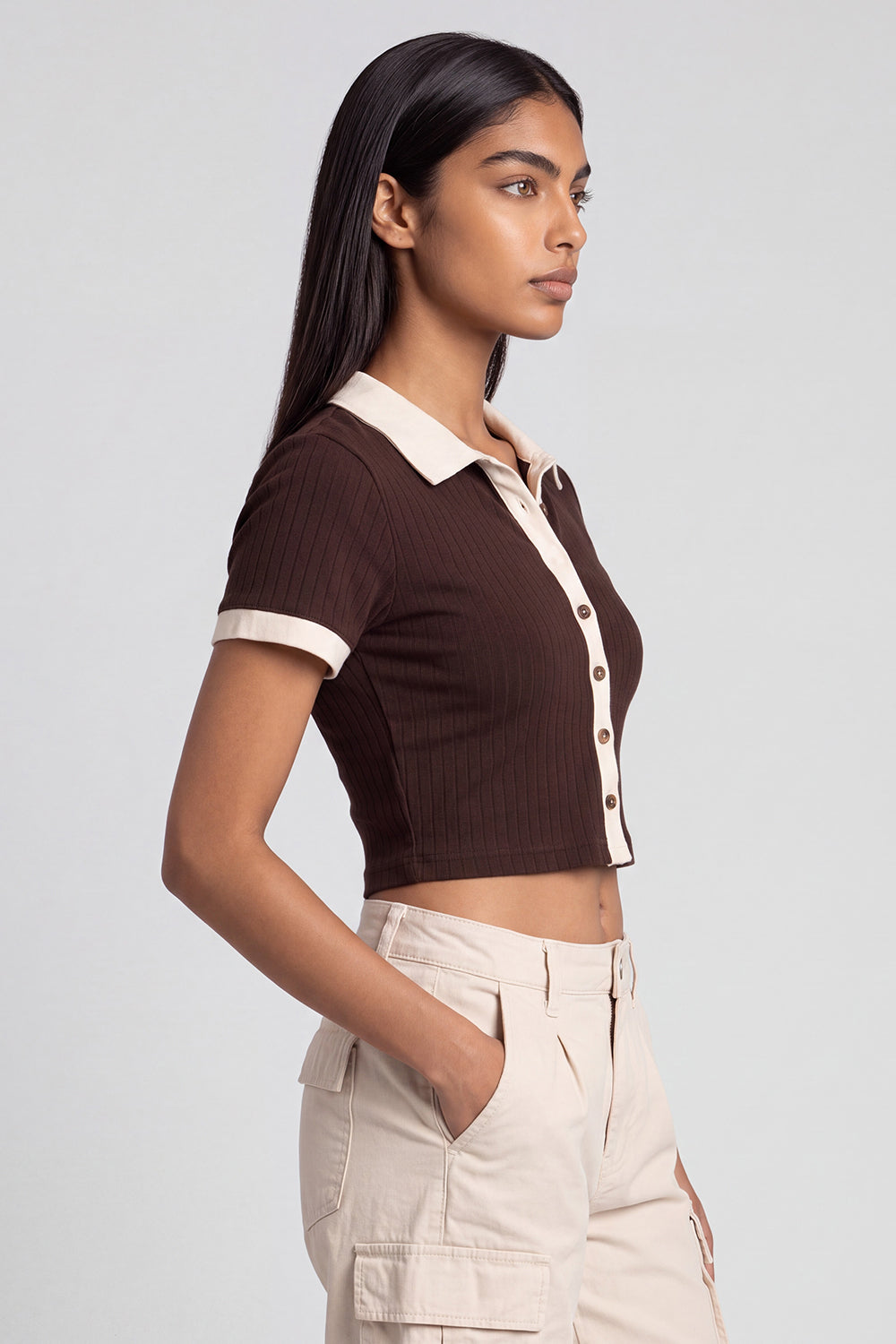 Womens Brown Ribbed Collared Crop Top - Image 4