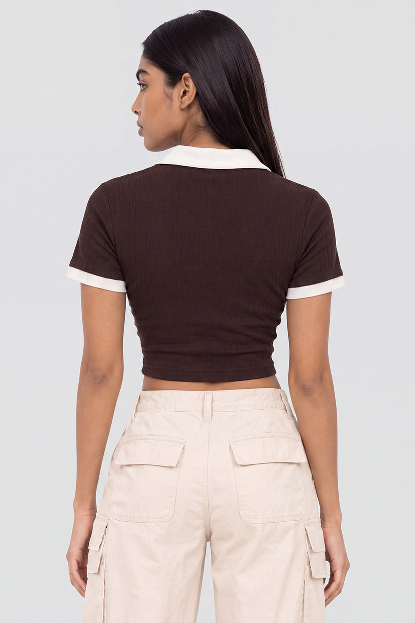 Womens Brown Ribbed Collared Crop Top - Image 5