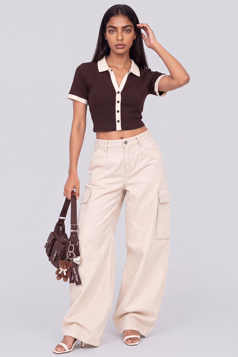 Womens Brown Ribbed Collared Crop Top - Image 6