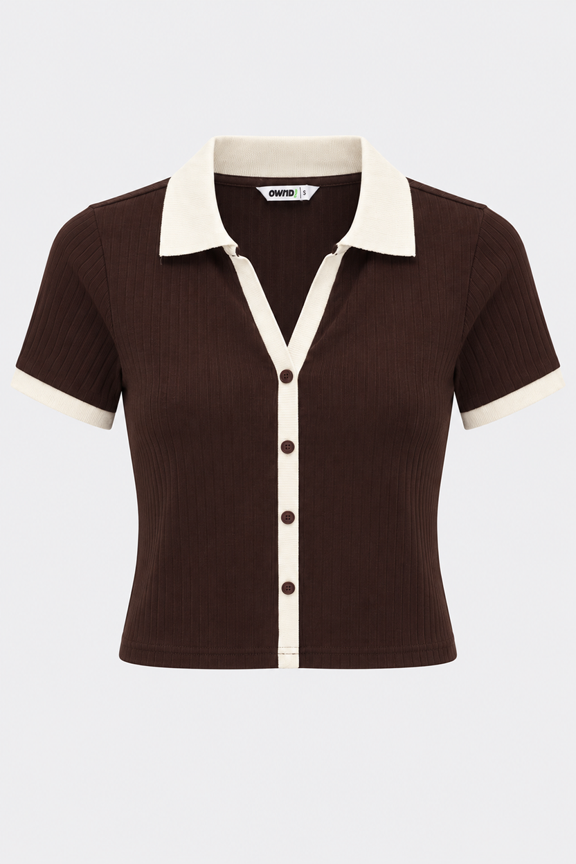 Womens Brown Ribbed Collared Crop Top - Image 7