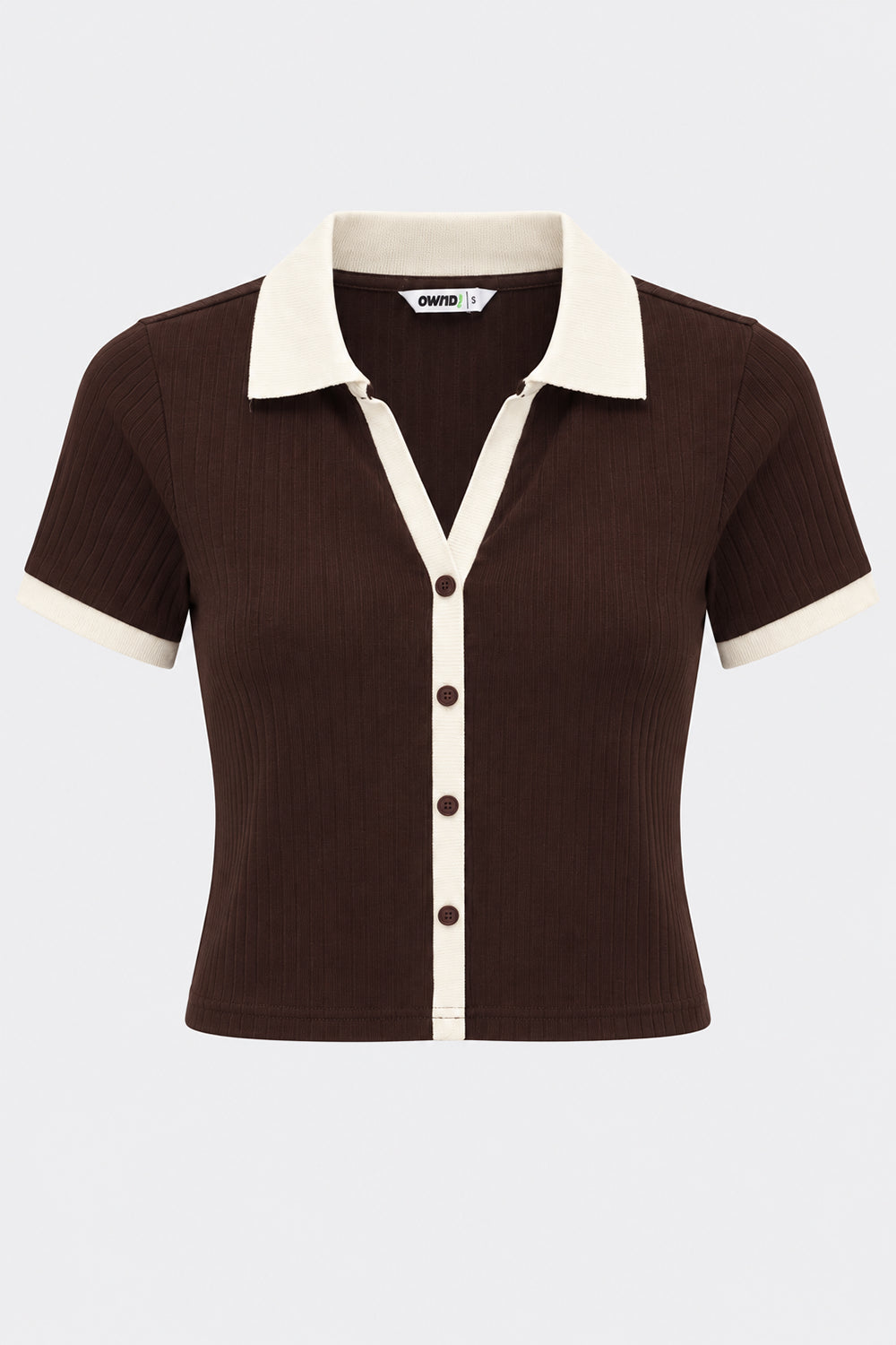 Womens Brown Ribbed Collared Crop Top - Image 7