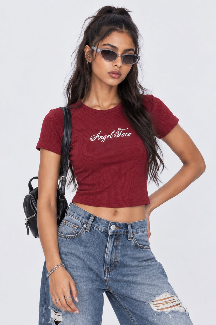 Womens Maroon Angel Face Graphic Crop Top - Image 1