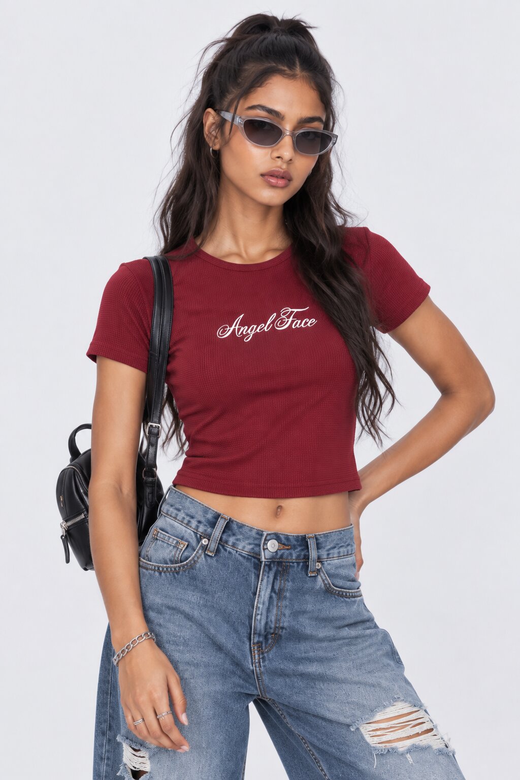 Womens Maroon Angel Face Graphic Crop Top - Image 1