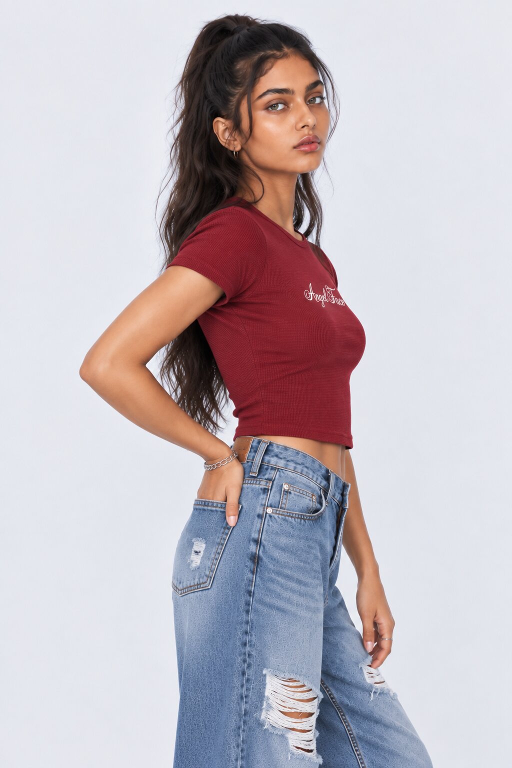 Womens Maroon Angel Face Graphic Crop Top - Image 4