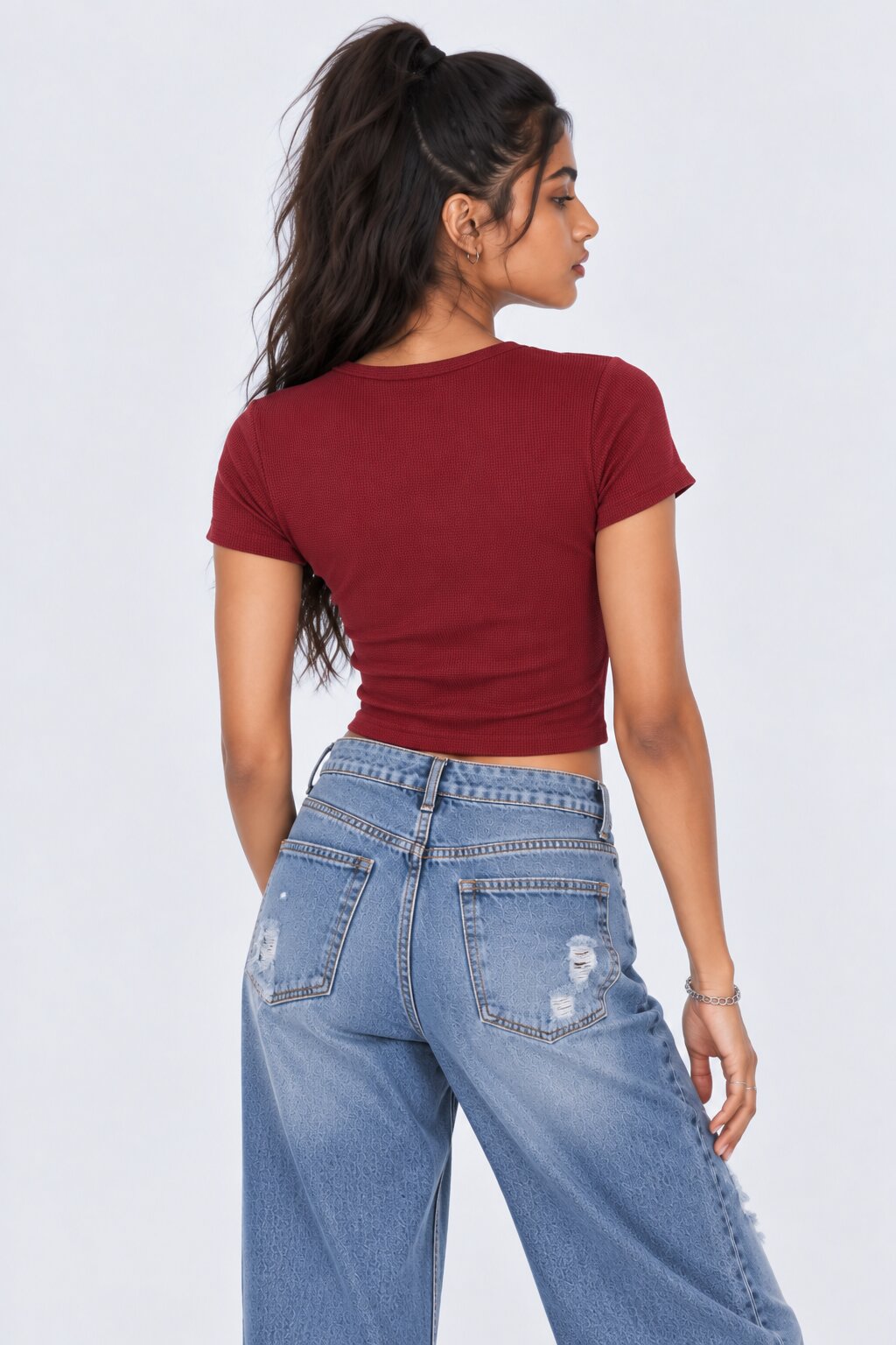 Womens Maroon Angel Face Graphic Crop Top - Image 5