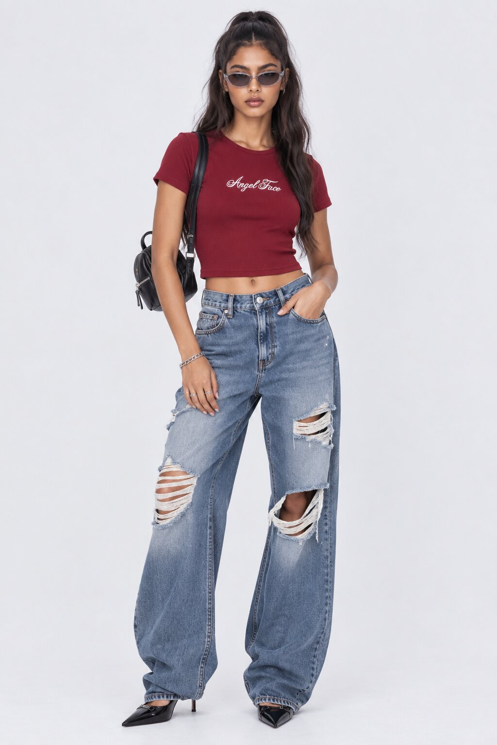 Womens Maroon Angel Face Graphic Crop Top - Image 6