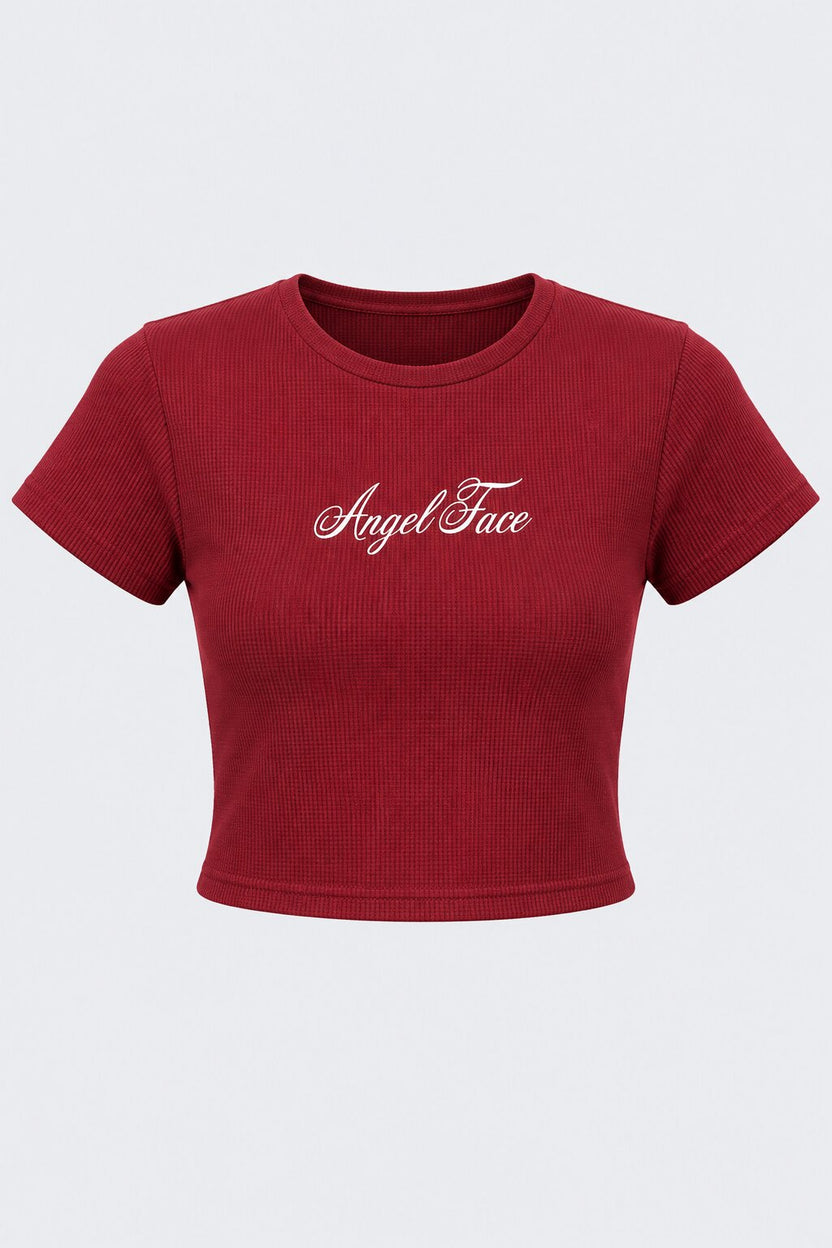 Womens Maroon Angel Face Graphic Crop Top - Image 7