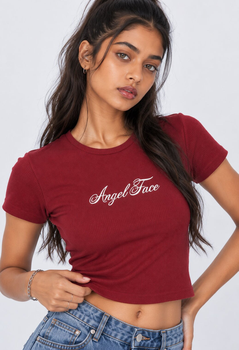 Womens Maroon Angel Face Graphic Crop Top - Image 9