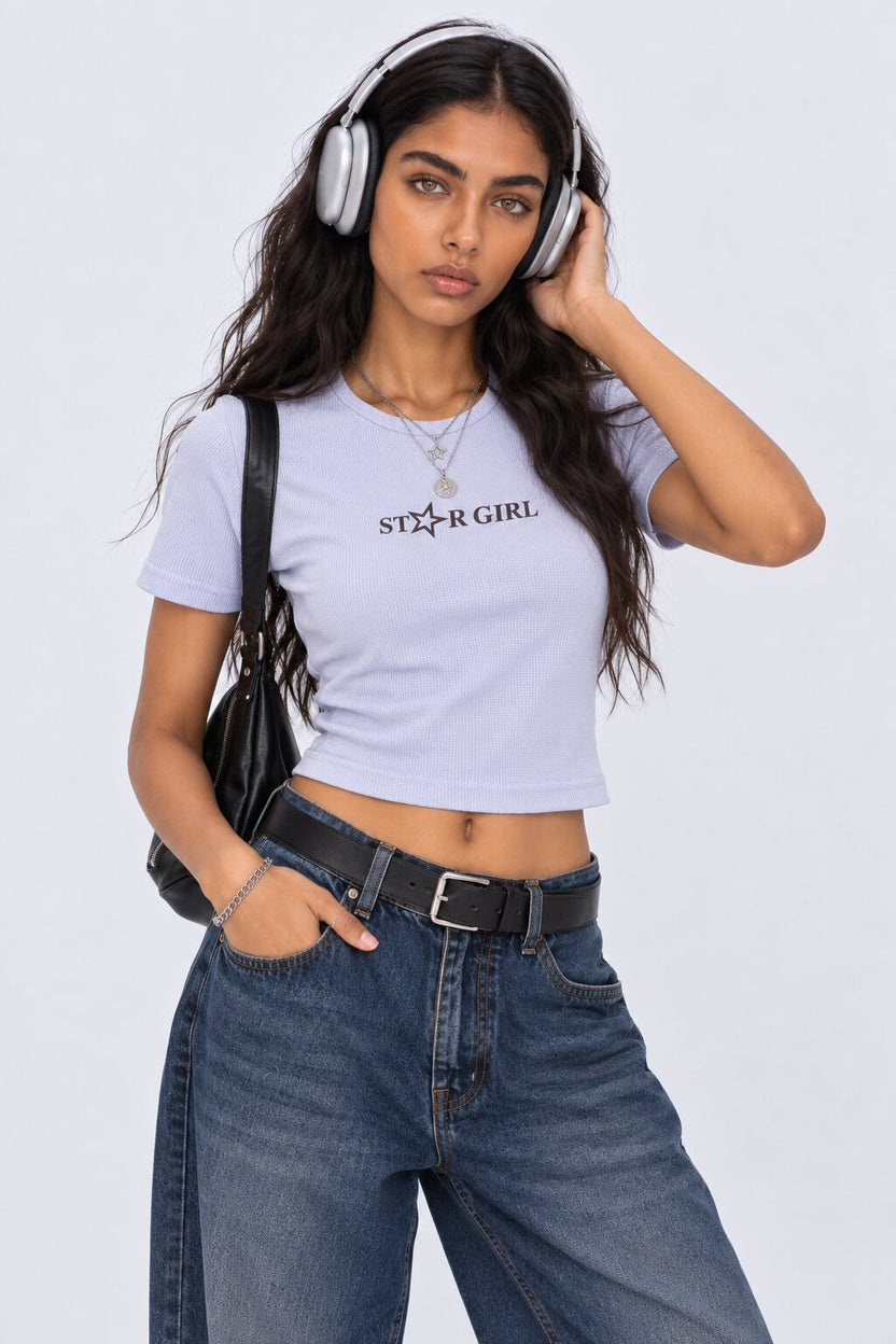 Womens Blue Star Girl Graphic Crop Top - Image 1