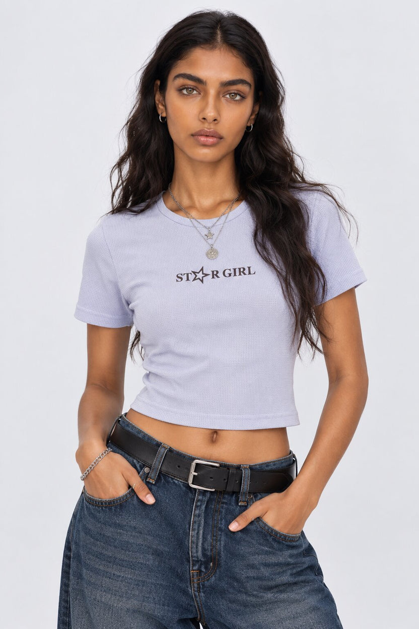 Womens Blue Star Girl Graphic Crop Top - Image 2