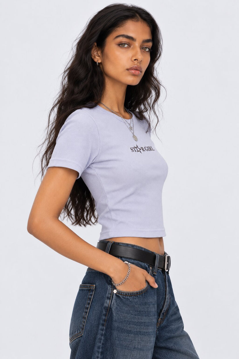 Womens Blue Star Girl Graphic Crop Top - Image 4