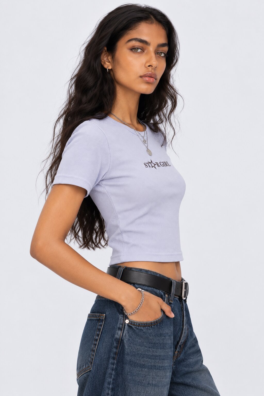 Womens Blue Star Girl Graphic Crop Top - Image 4