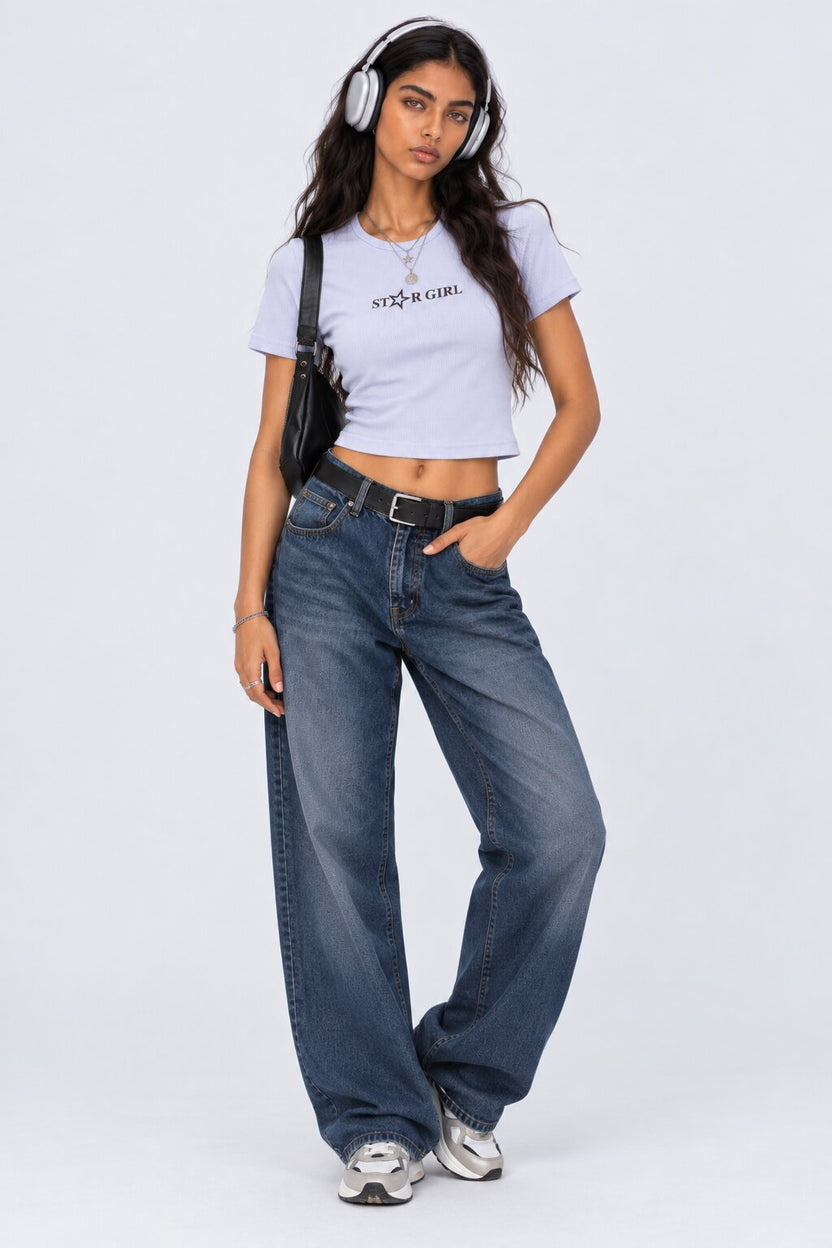 Womens Blue Star Girl Graphic Crop Top - Image 6