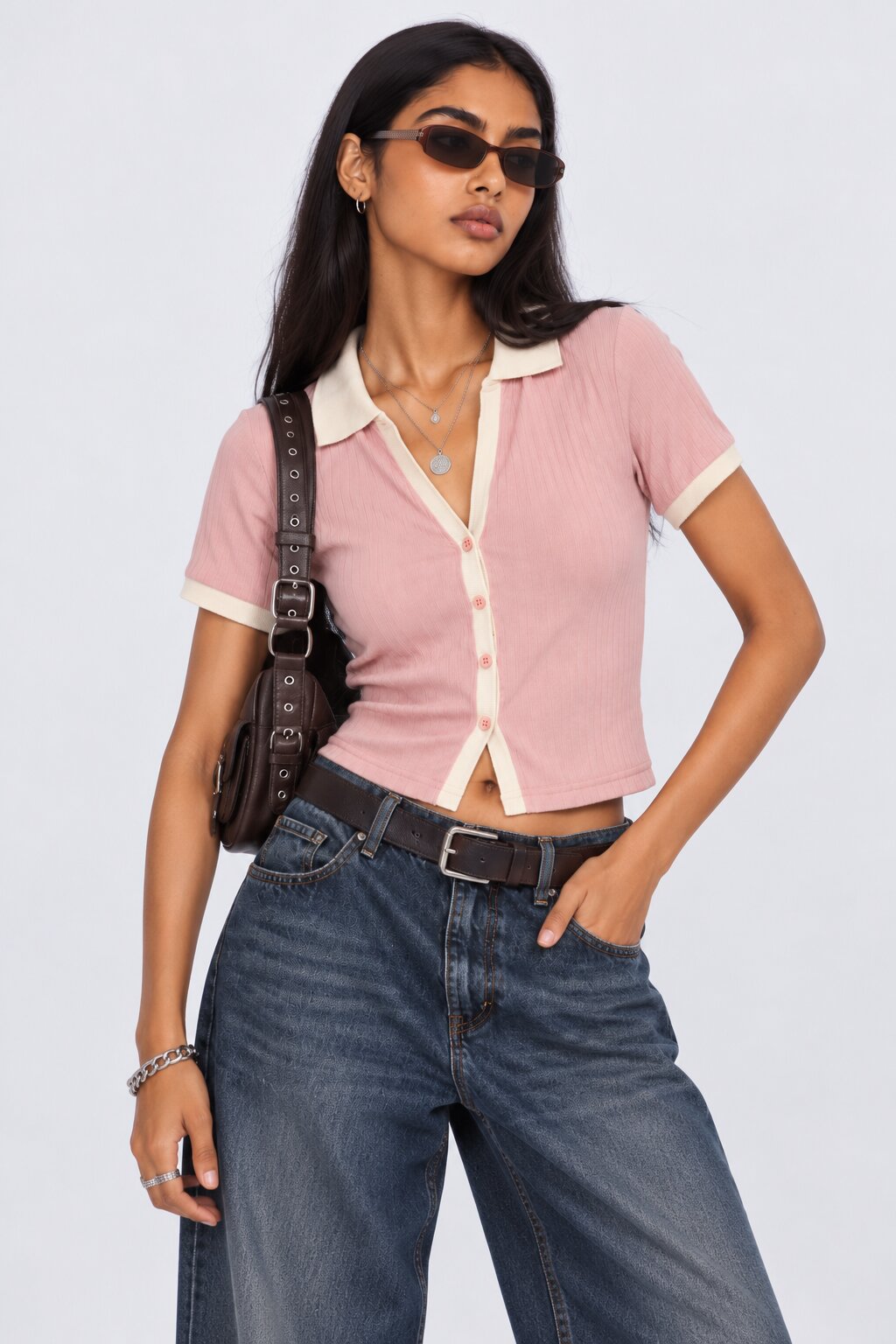 Womens Pink Ribbed Collared Crop Top - Image 1