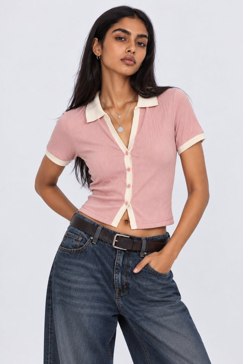 Womens Pink Ribbed Collared Crop Top - Image 2