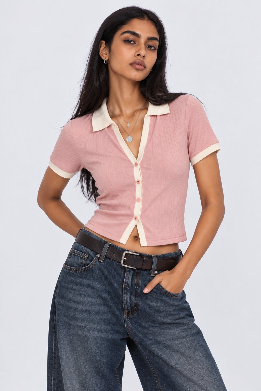 Womens Pink Ribbed Collared Crop Top - Image 2
