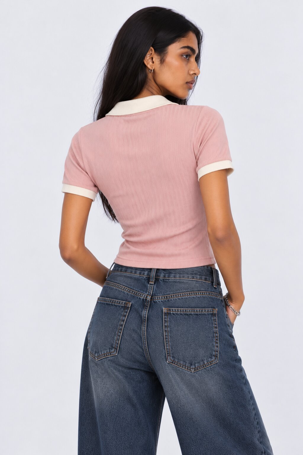 Womens Pink Ribbed Collared Crop Top - Image 5