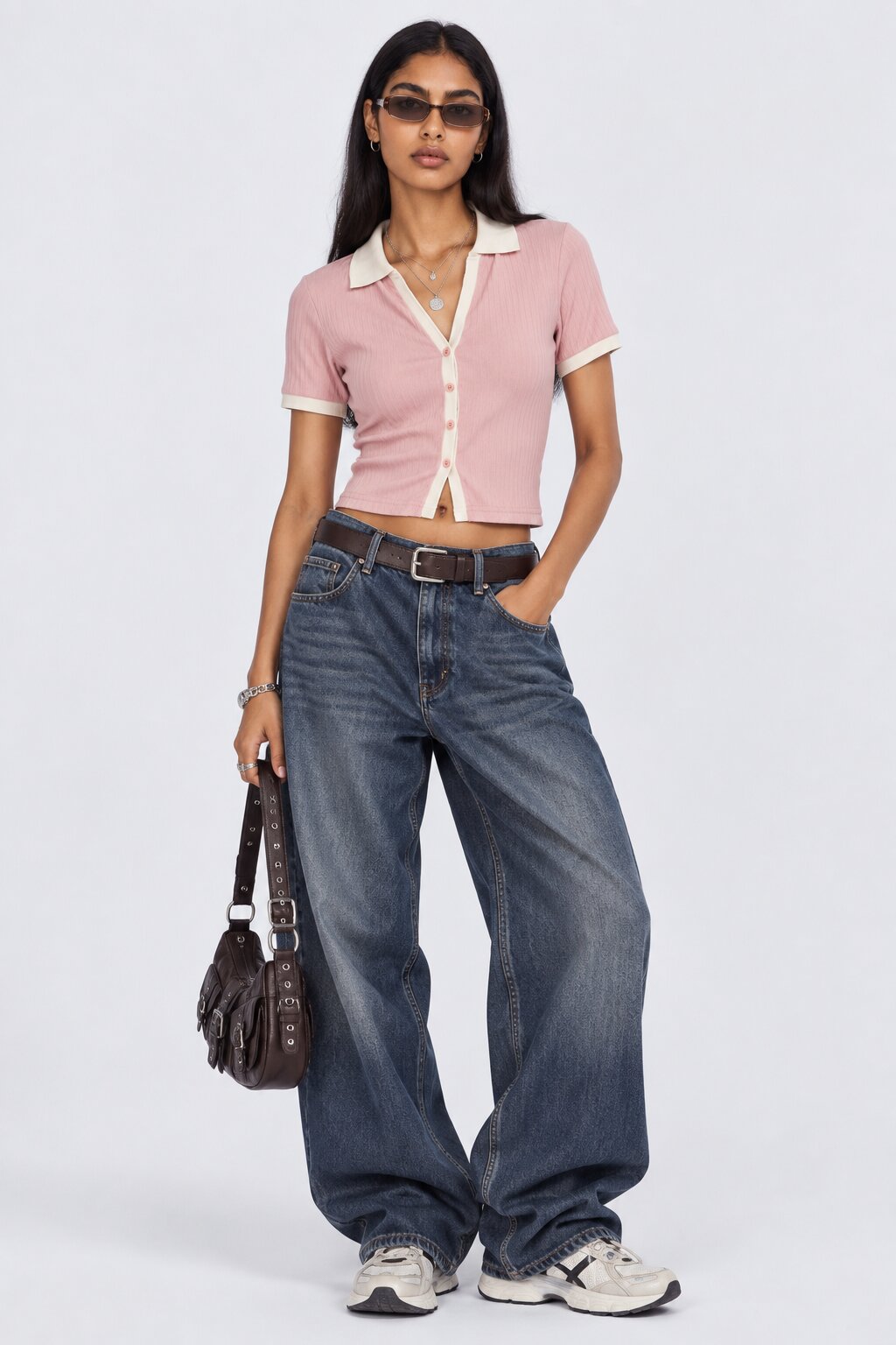 Womens Pink Ribbed Collared Crop Top - Image 6