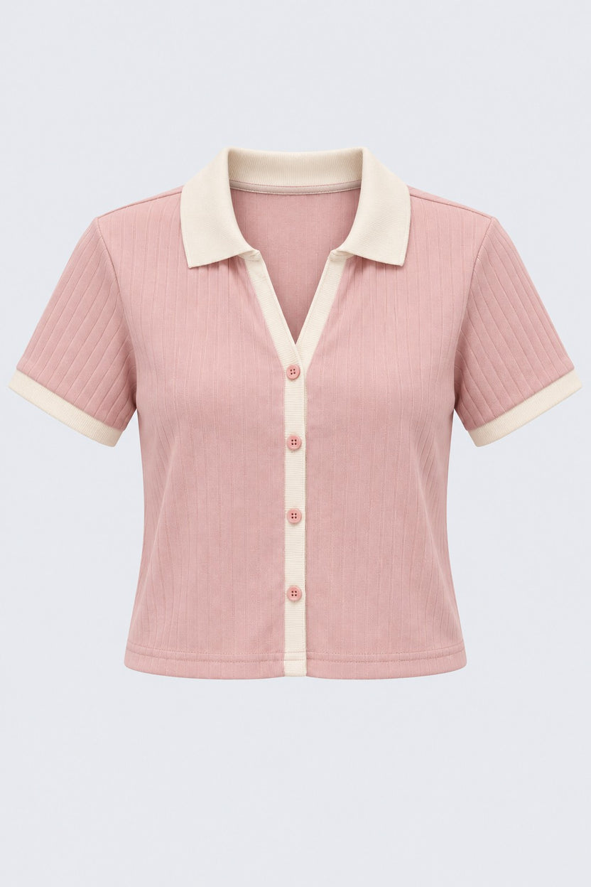 Womens Pink Ribbed Collared Crop Top - Image 7