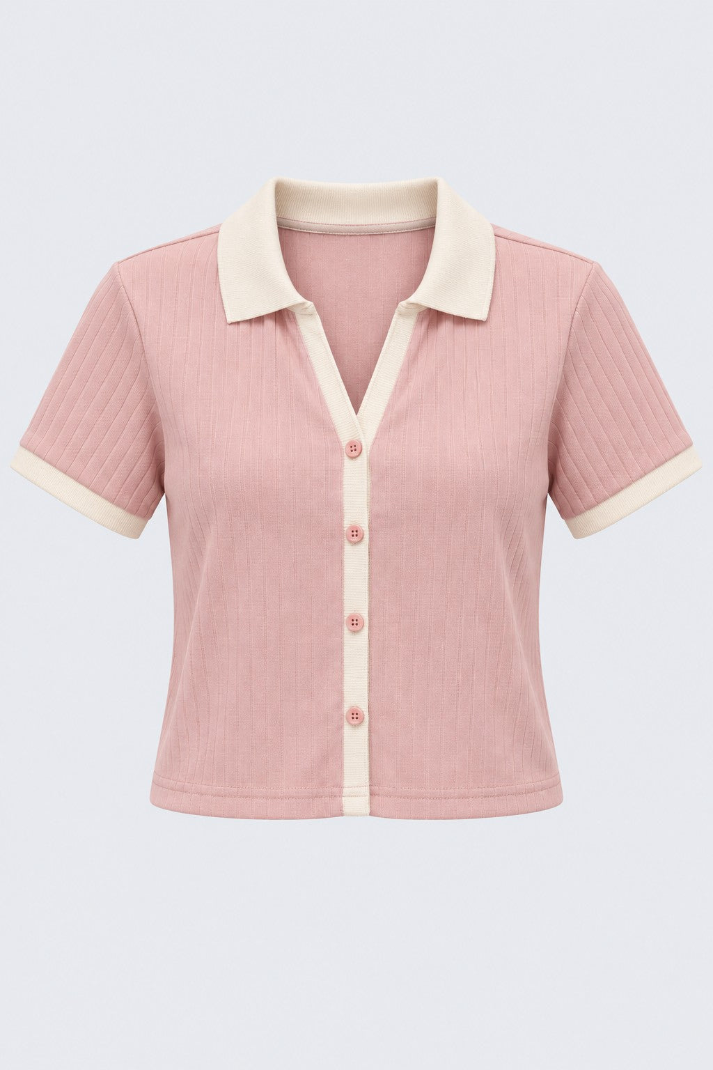 Womens Pink Ribbed Collared Crop Top - Image 7