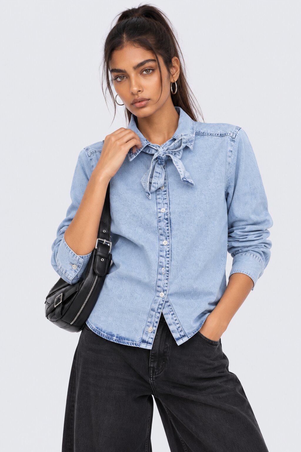 Womens Light Blue Tie Neck Denim Shirt - Image 1