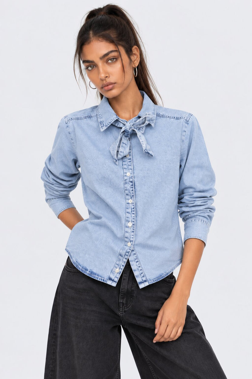 Womens Light Blue Tie Neck Denim Shirt - Image 2