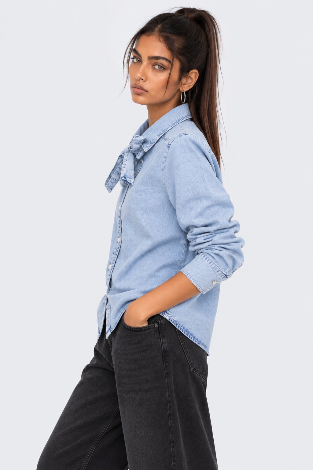 Womens Light Blue Tie Neck Denim Shirt - Image 4