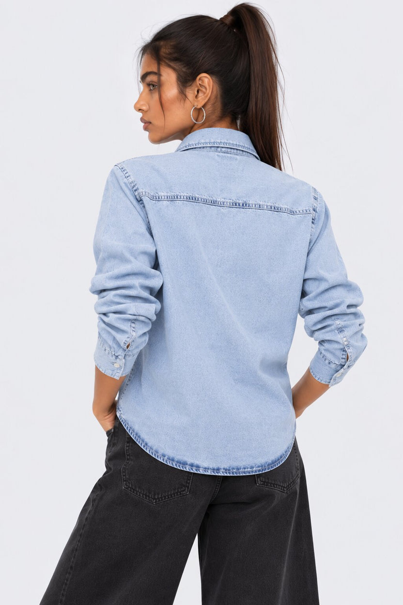 Womens Light Blue Tie Neck Denim Shirt - Image 5
