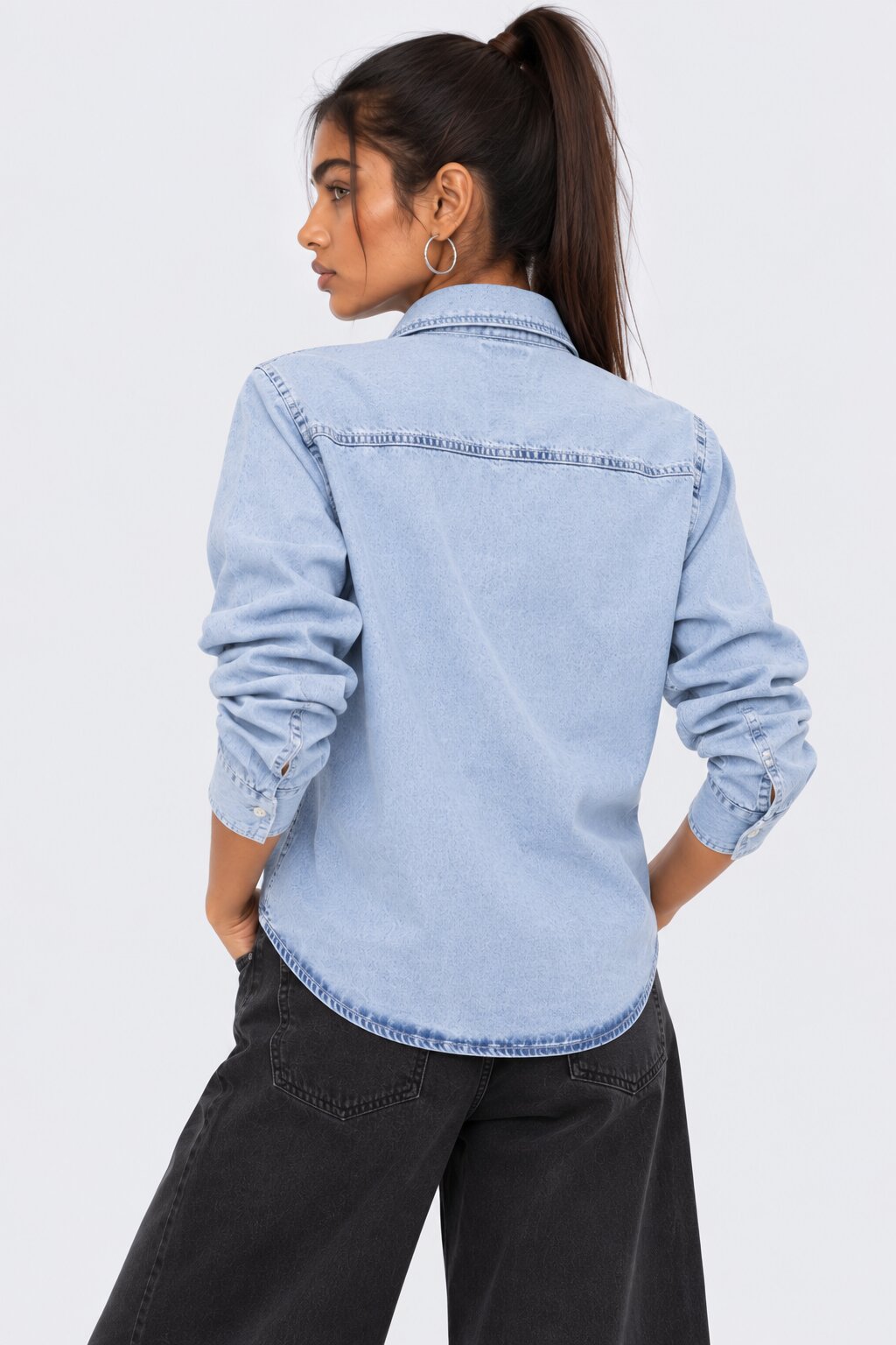 Womens Light Blue Tie Neck Denim Shirt - Image 5