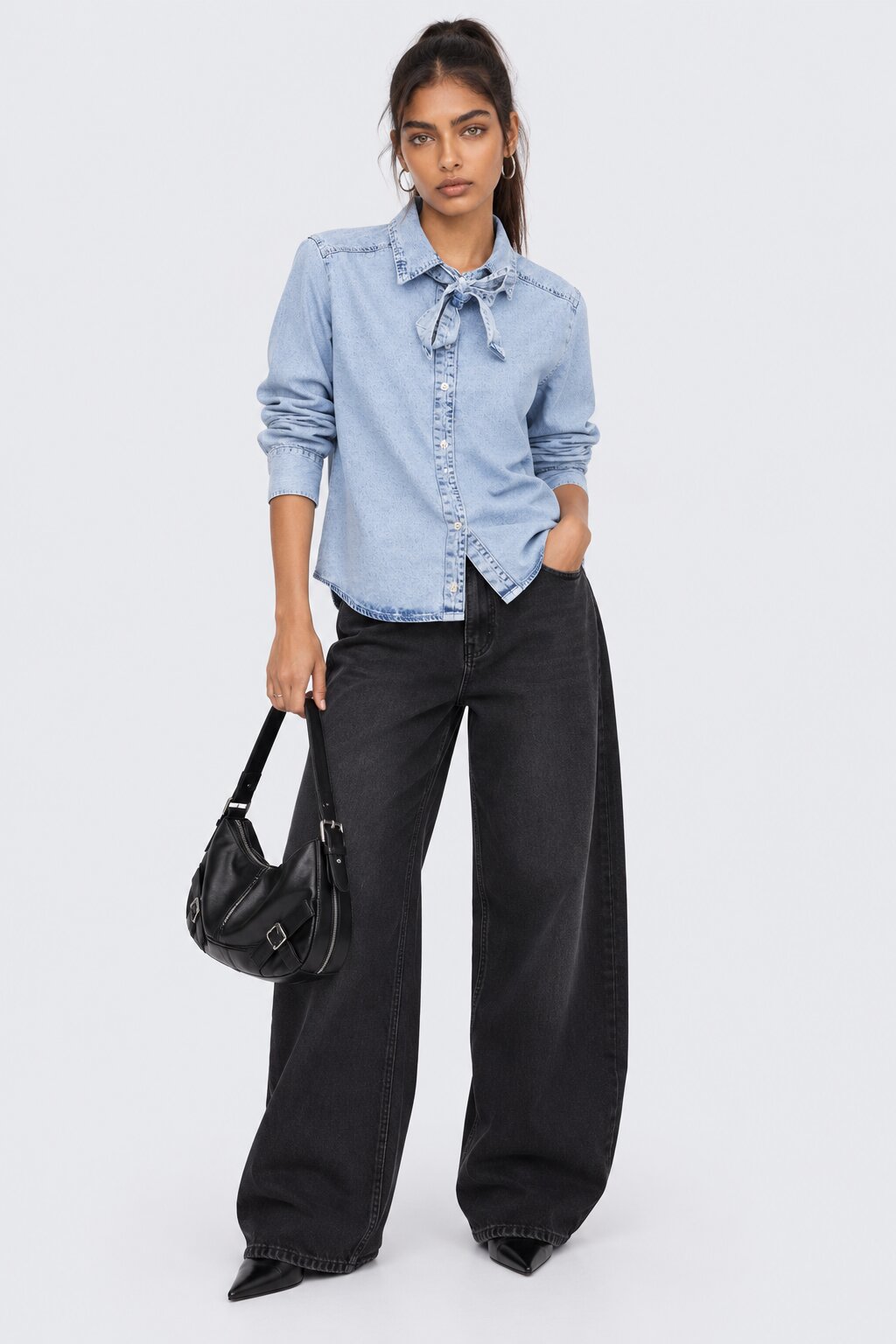 Womens Light Blue Tie Neck Denim Shirt - Image 6