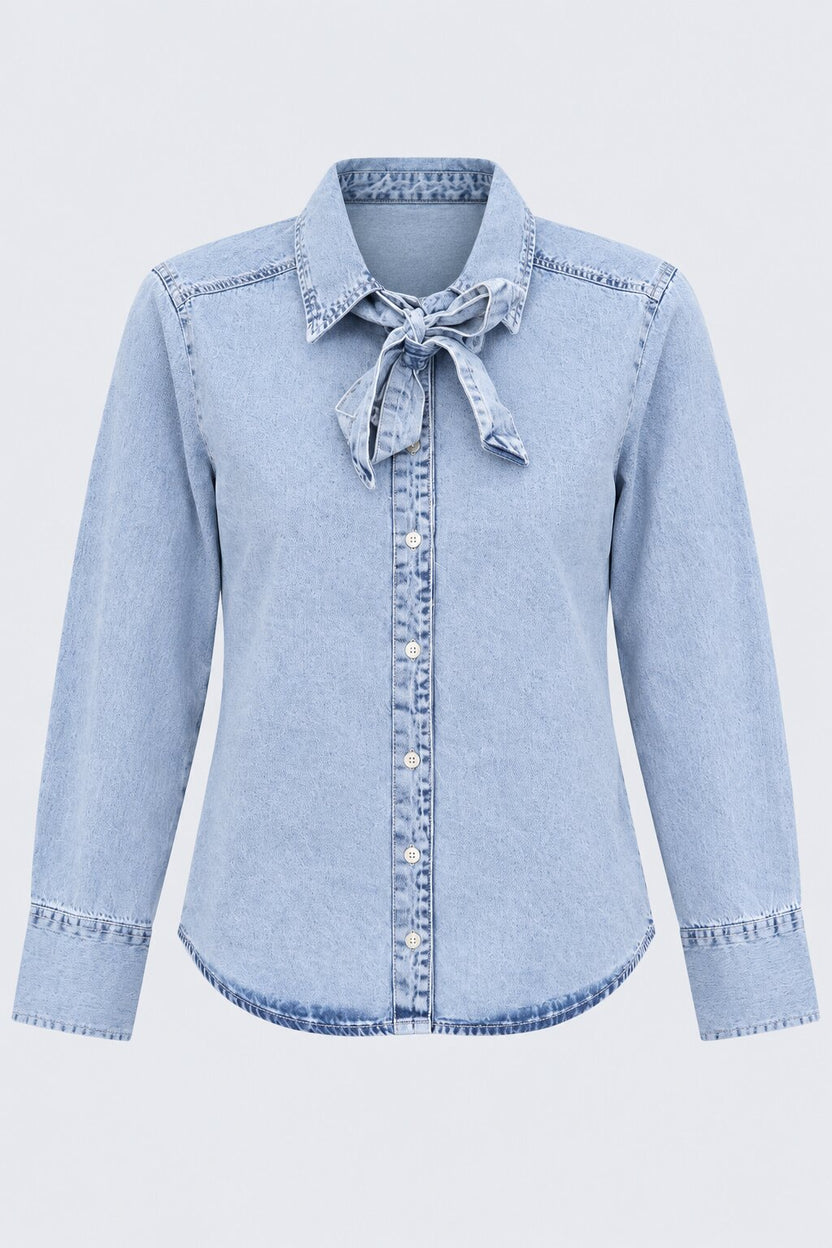 Womens Light Blue Tie Neck Denim Shirt - Image 7