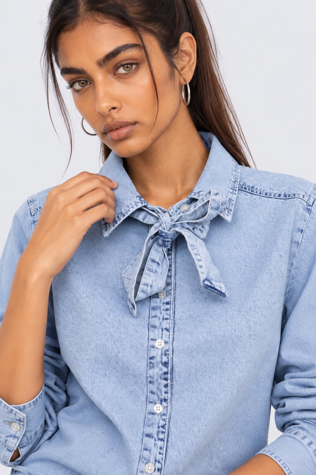 Womens Light Blue Tie Neck Denim Shirt - Image 9