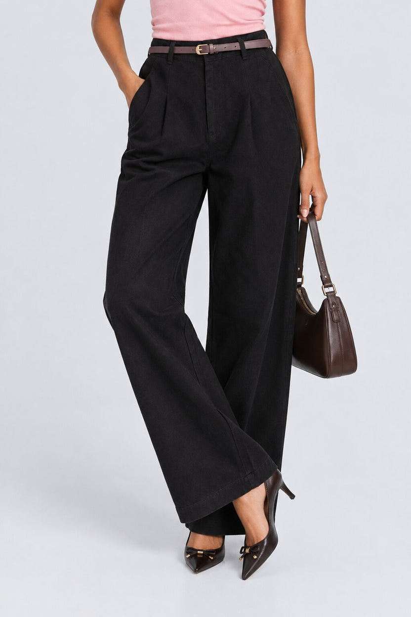 Womens Regular Fit Black Cotton Belted Trouser - Image 1