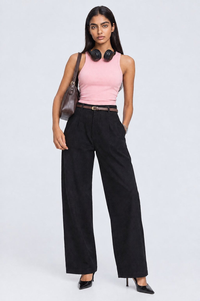 Womens Regular Fit Black Cotton Belted Trouser - Image 6