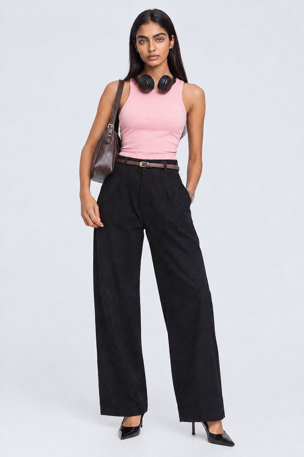 Womens Regular Fit Black Cotton Belted Trouser - Image 6