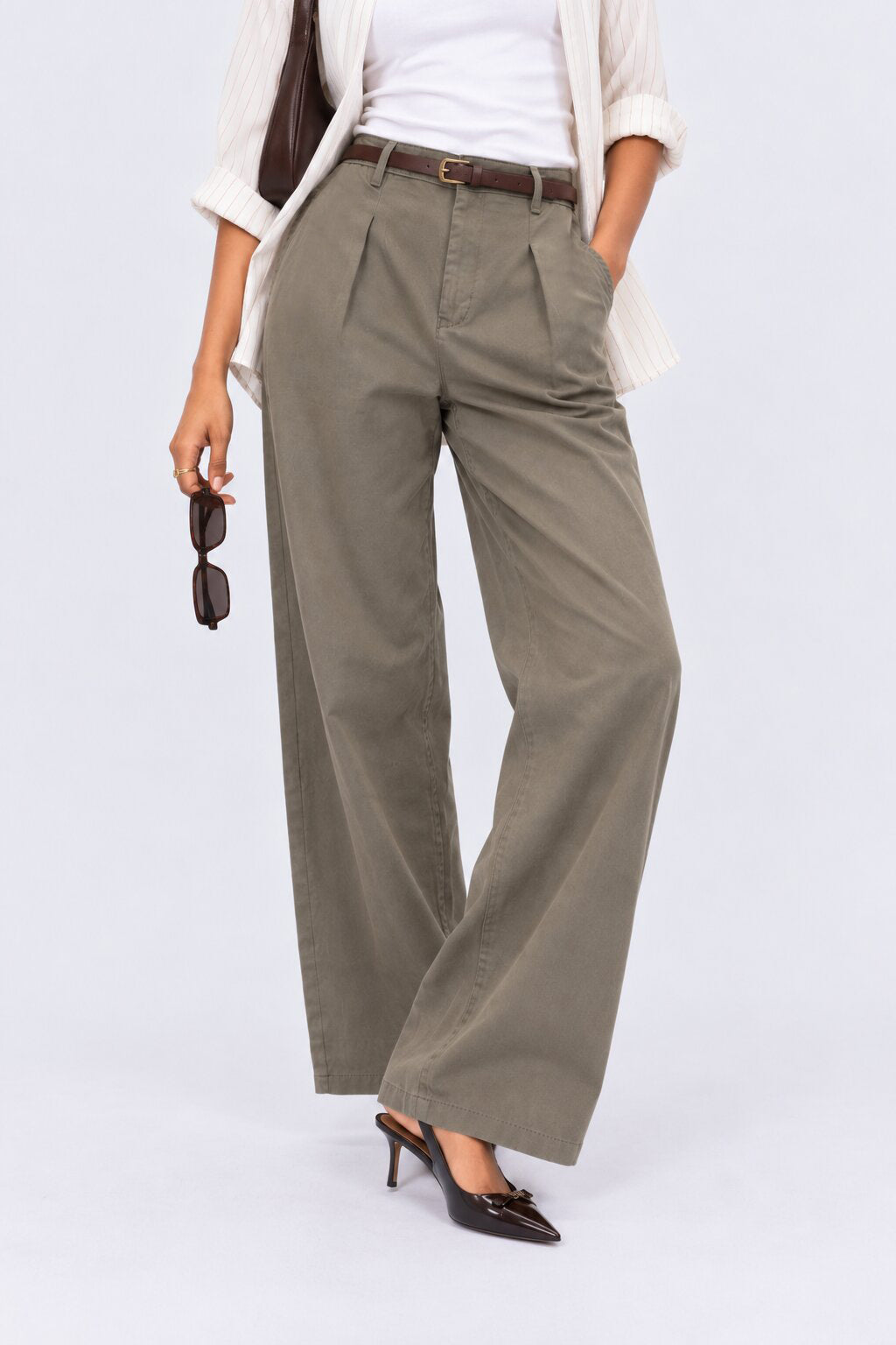 Womens Relaxed Olive Solid Belted Trouser - Image 1