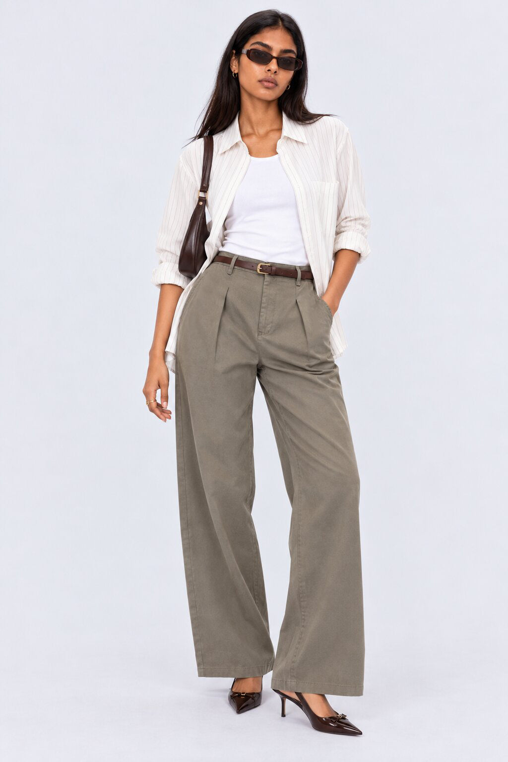 Womens Relaxed Olive Solid Belted Trouser - Image 6