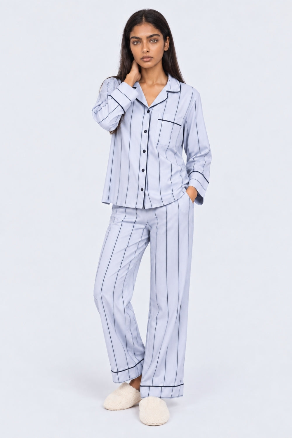 Womens Relaxed Fit Blue Striped Night Suit - Image 2
