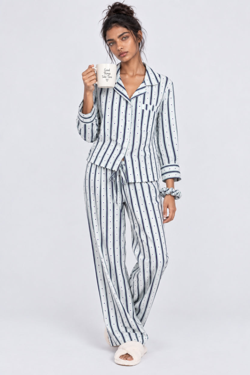 Womens Relaxed Fit Green Striped Night Suit - Image 1