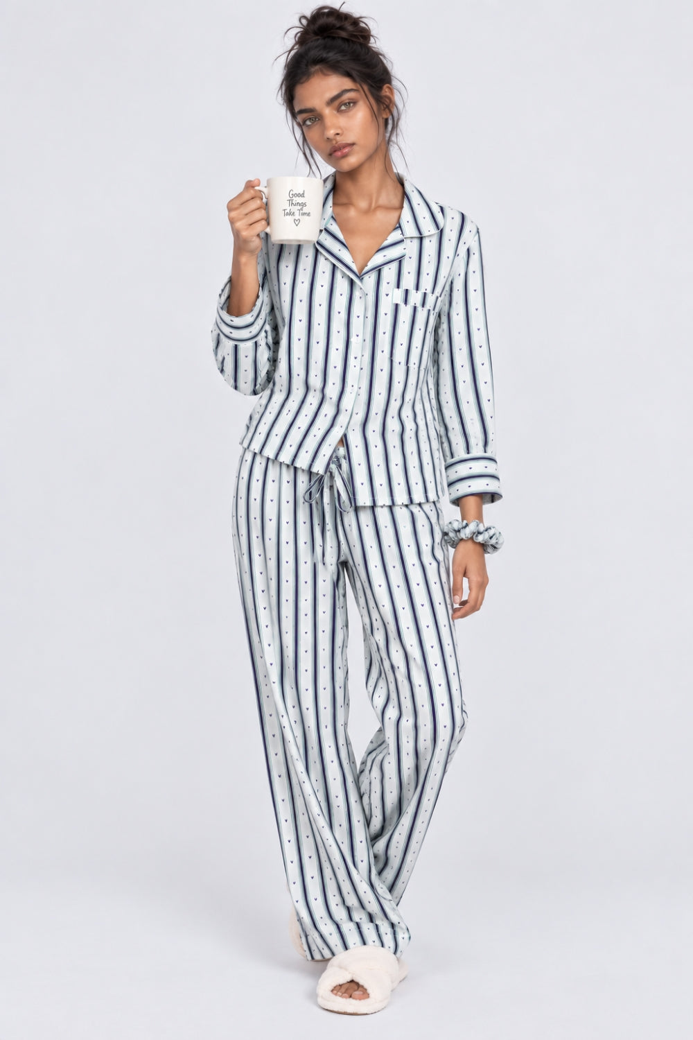 Womens Relaxed Fit Green Striped Night Suit - Image 1