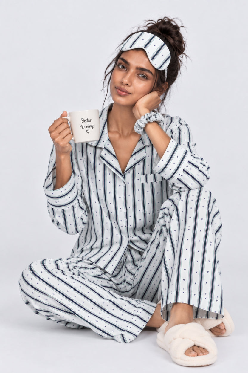 Womens Relaxed Fit Green Striped Night Suit - Image 6
