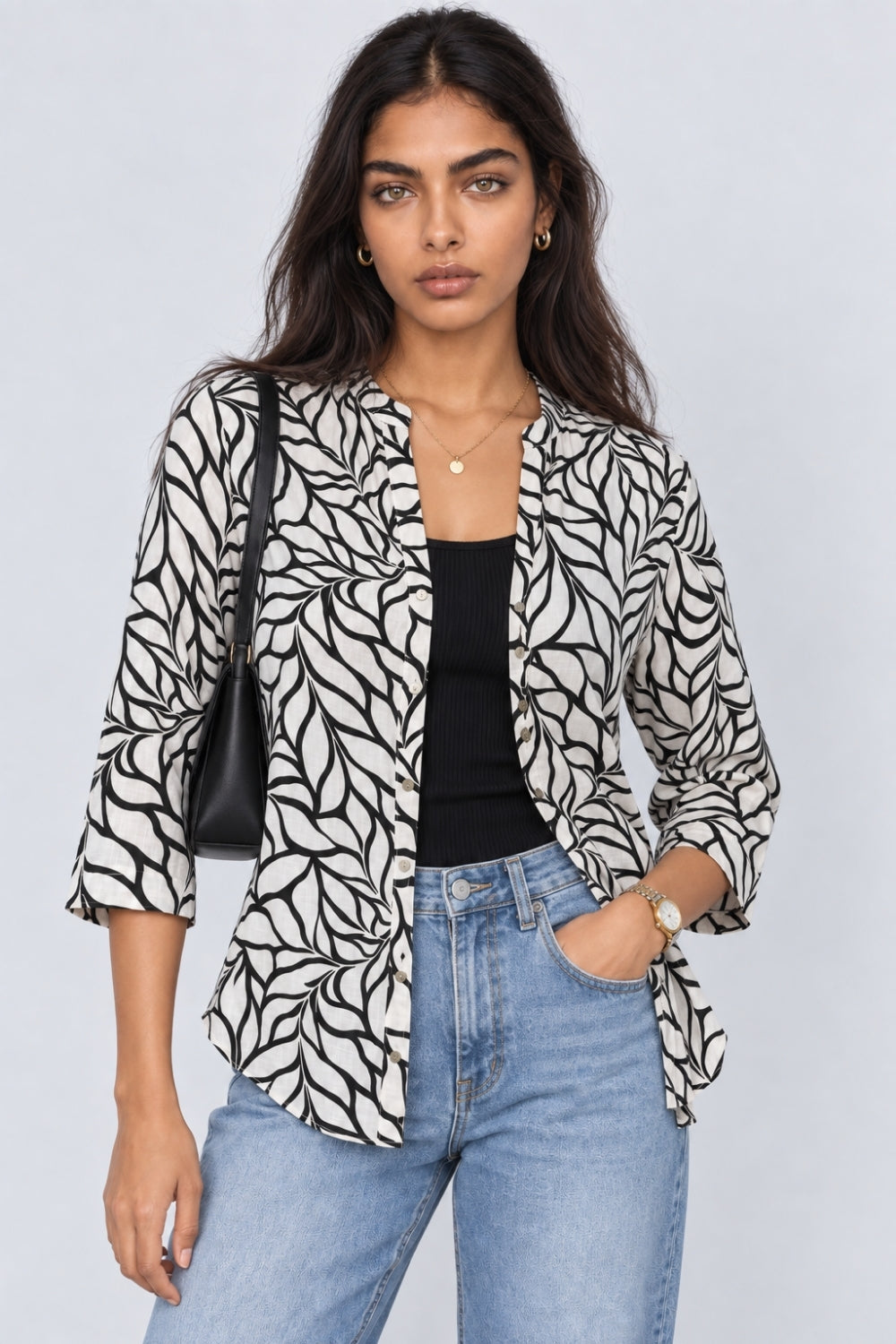 Womens Regular Fit Black Leaf Print Tunic - Image 1
