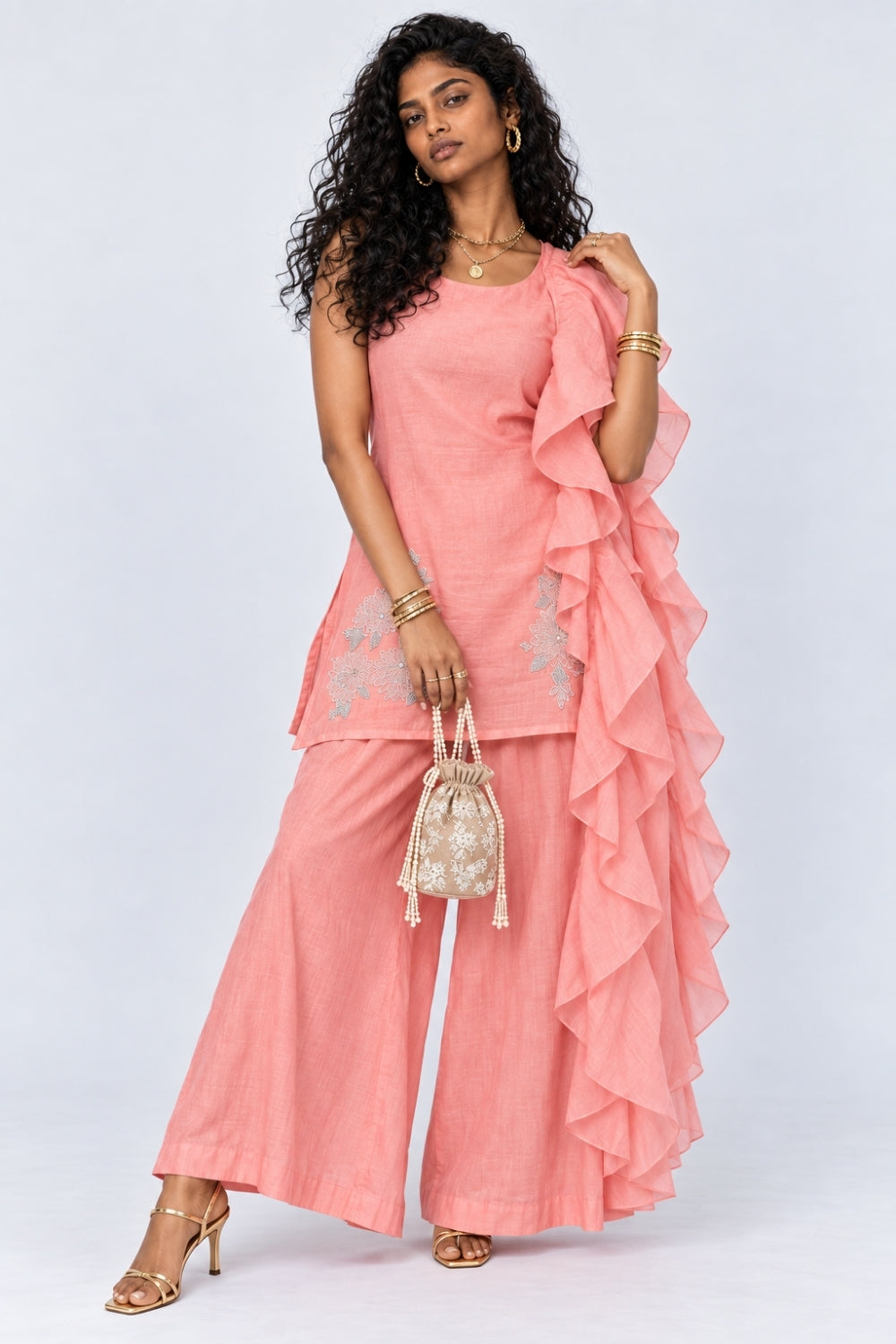 Womens Pink Ruffle Detail Kurta, Palazzo and Dupatta Set - Image 1