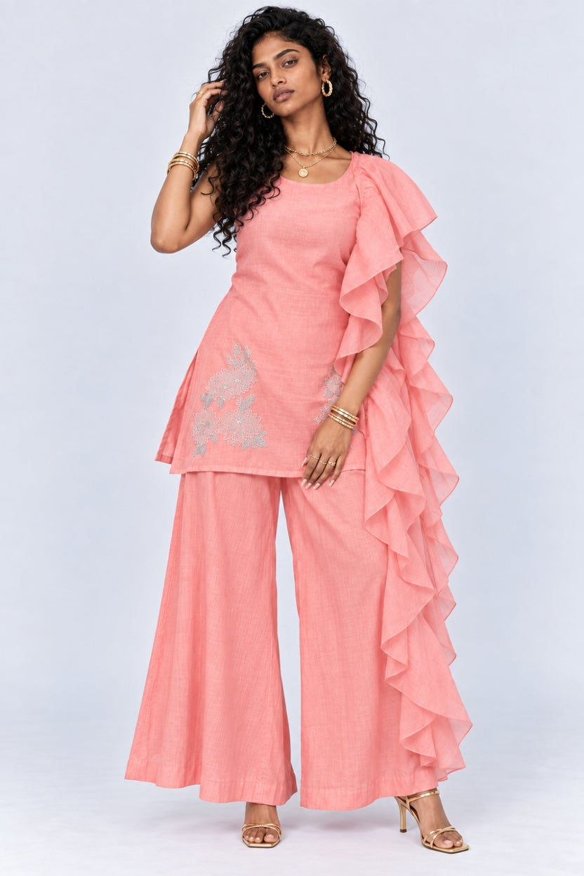 Womens Pink Ruffle Detail Kurta, Palazzo and Dupatta Set - Image 2