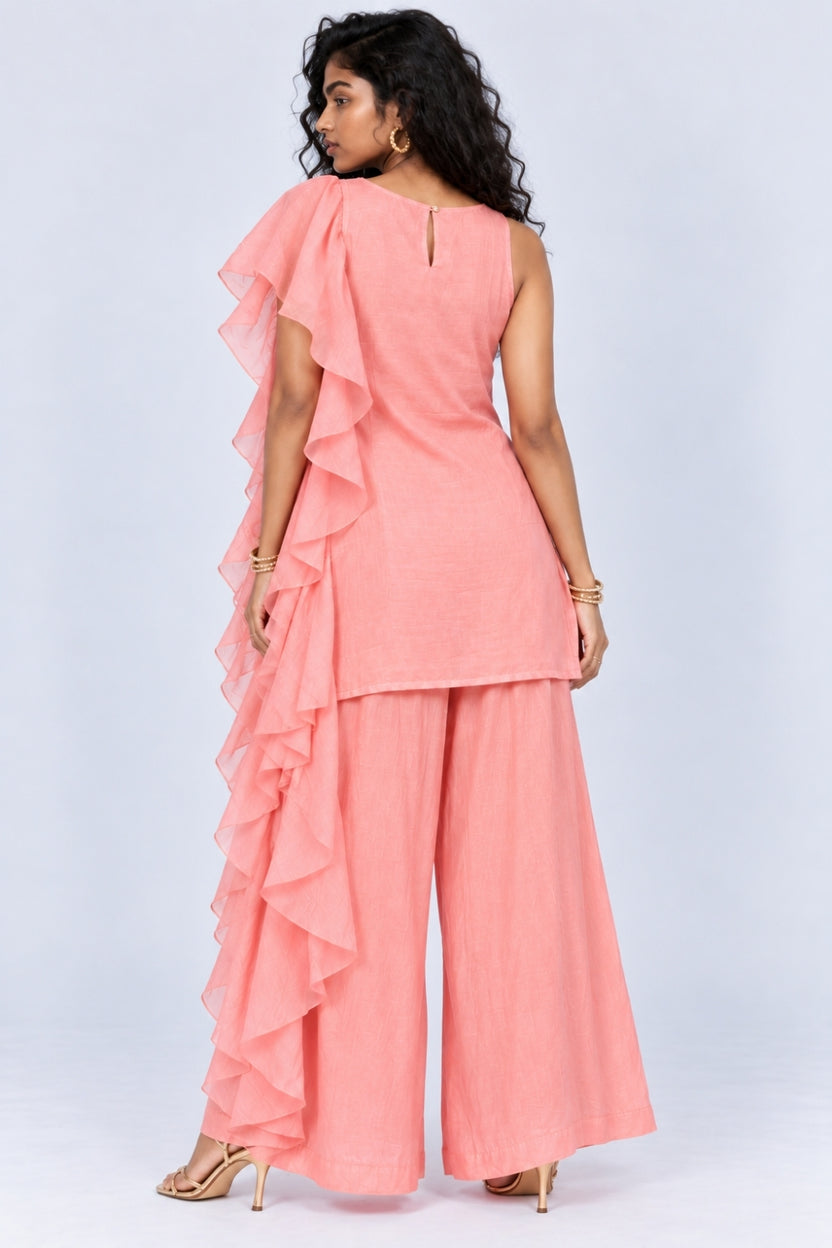 Womens Pink Ruffle Detail Kurta, Palazzo and Dupatta Set - Image 5