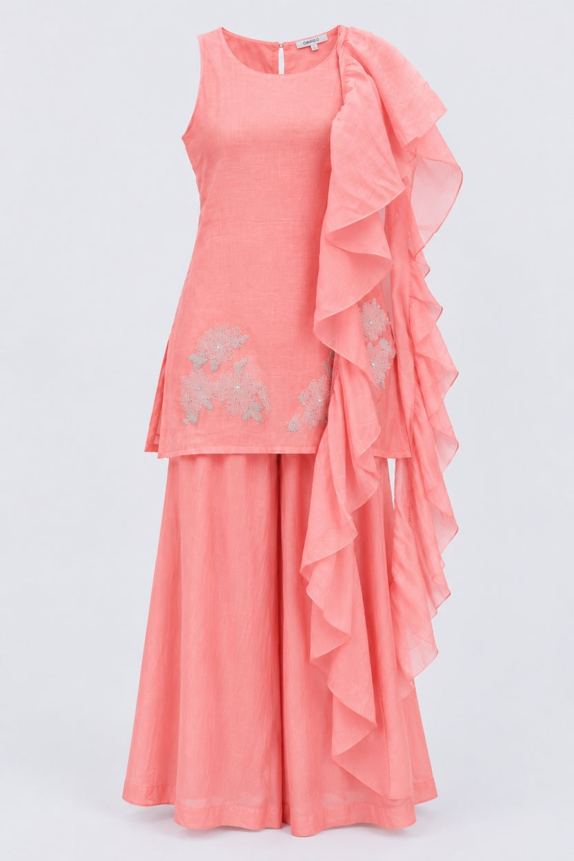 Womens Pink Ruffle Detail Kurta, Palazzo and Dupatta Set - Image 7