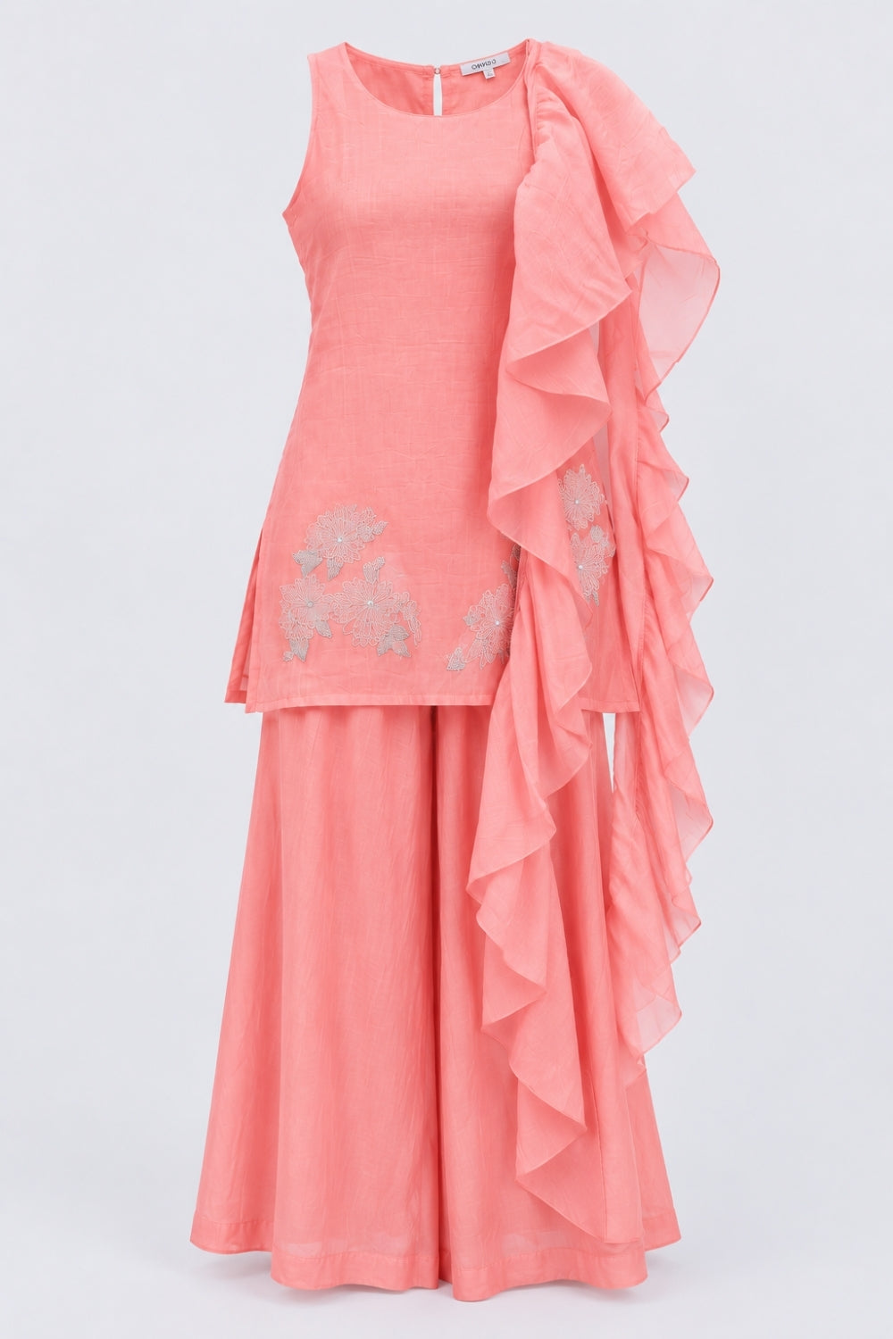Womens Pink Ruffle Detail Kurta, Palazzo and Dupatta Set - Image 7